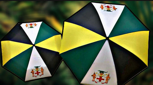 Jamaica coat of arms umbrella featuring green, yellow, and black panels with the national emblem, perfect for style and protection.