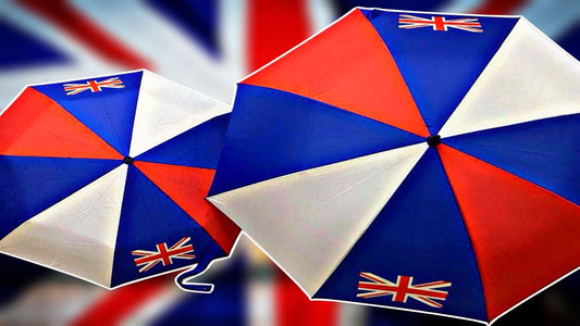 Colorful British flag umbrella featuring vibrant red, white, and blue panels, perfect for rainy days