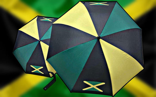 Jamaican flag umbrella featuring vibrant black, green, and yellow colors, showcasing a stylish design for rainy days