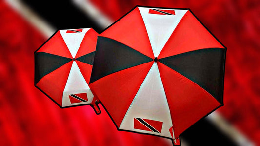 Trinidad flag umbrella featuring red, black, and white colors, perfect for showcasing national pride.