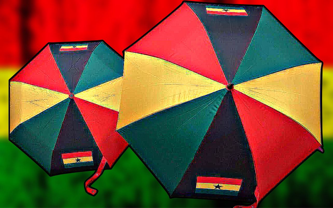 Large Ghana umbrella featuring the national flag colors: red, yellow, and green, perfect for protection from rain and sun