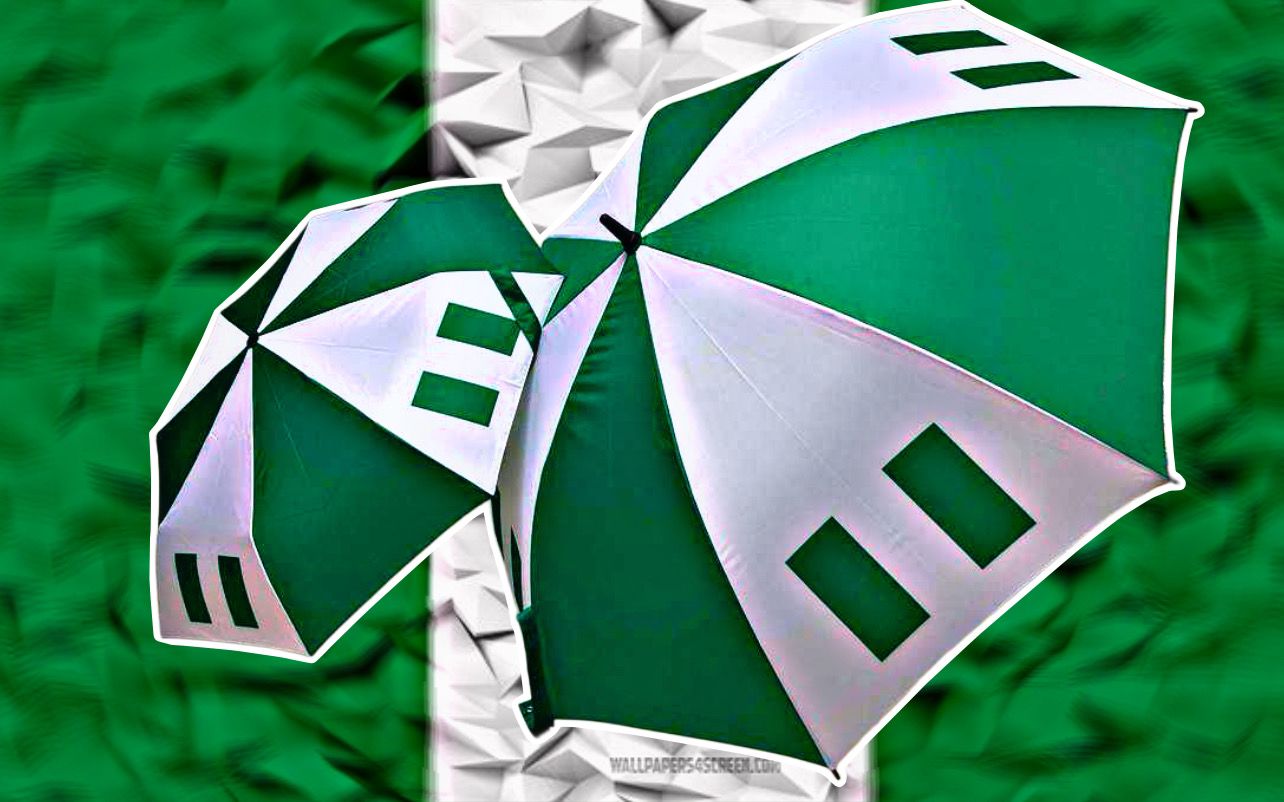 Dual Nigeria flag umbrellas featuring green and white colors, perfect for showing national pride